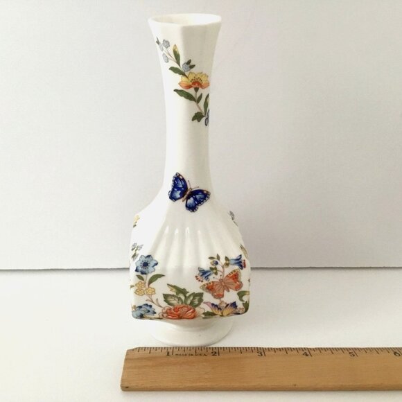 AYNSLEY Cottage Garden Bone China Bud Vase Floral Butterfly 7" England Square - Picture 8 of 9